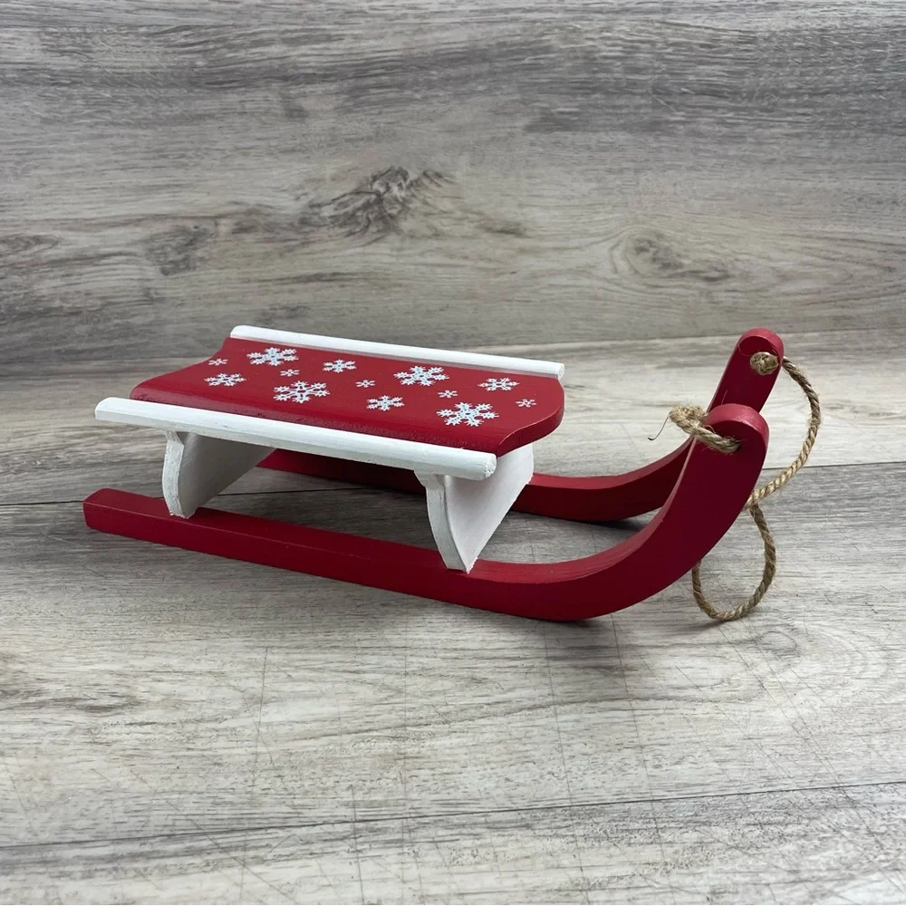 Christmas Wooden Sleigh Red White With Snowflakes Decor 1 Foot Long